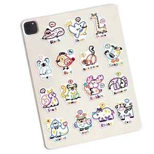Set of 50 minimalist animal doodle stickers shown on a white tablet cover