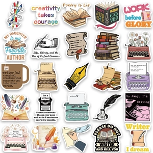 Set of 50 vintage My Novel Writer stickers with typewriter and book designs