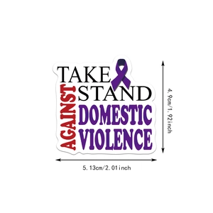 Detail view of anti-domestic violence sticker with dimensions 4.9cm by 5.13cm