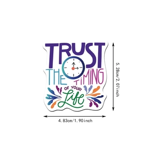 Detail showing waterproof inspirational sticker with gradient colors and 5.28cm dimension