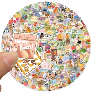 Close-up of cute cartoon animal and fruit stickers for phone cases and luggage decoration