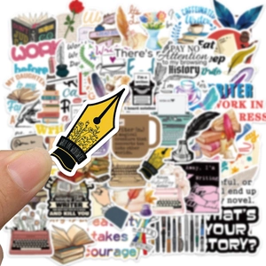 A set of aesthetic literary stickers featuring pens, books, and creative writing themes