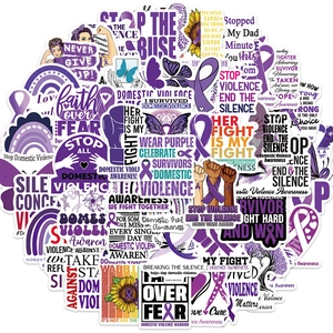 Waterproof PVC stickers featuring purple ribbons and motivational anti-violence slogans