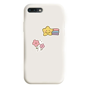 Detail of matte cream silicone phone case with cartoon stars and flowers for iPhone Plus
