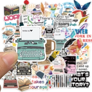Macro detail of typewriter sticker with Write On text from literary sticker set