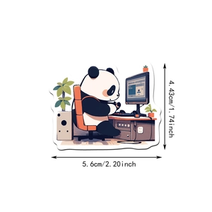 Detail view of a cute panda sticker on laptop with specific dimensions 5.6cm by 4.43cm