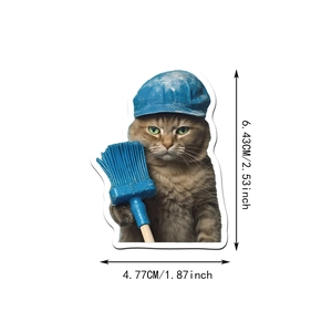 Detailed dimension view of orange cat sticker with cleaning brush measuring 6.43cm by 4.77cm