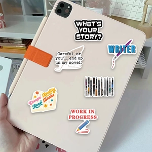 A set of aesthetic literary writer stickers on a tablet case with pens and book illustrations