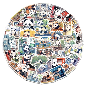 Detailed pile of unique cartoon panda stickers showing various fun daily activities