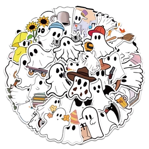 Detail showing a variety of waterproof cute ghost stickers for planners and suitcases