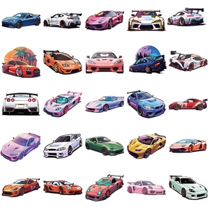 Assorted colorful sport car stickers featuring vibrant cartoon racing designs in a 5x5 grid