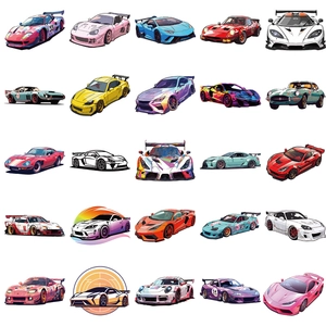 Collection of 50 cartoon sport car stickers for luggage and skateboard decoration