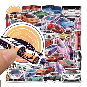 Close-up of waterproof racing car stickers showing vibrant colors and PVC texture