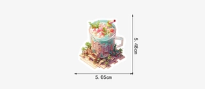Detailed view of a creative cartoon drink sticker with precise size measurements