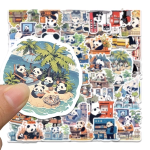 Close-up of waterproof panda stickers showing diverse cartoon patterns and die-cut edges
