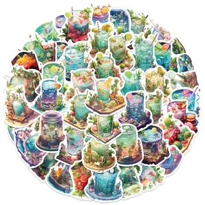 Detailed view of creative miniature landscape stickers with drinks for DIY crafts decoration
