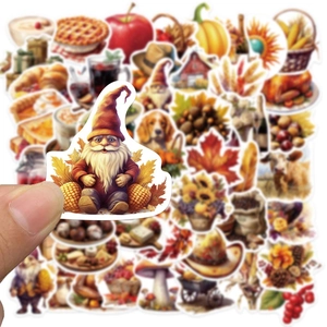 Detailed view of waterproof Thanksgiving gnomes stickers with pumpkin and maple patterns