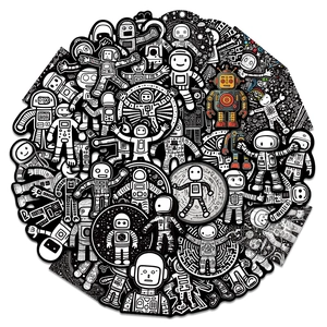 Macro view of assorted black and white astronaut and robot stickers on white surface
