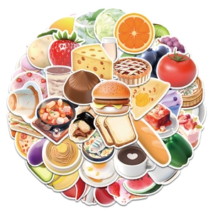 Close-up of cute 3D waterproof food stickers featuring burger, sushi and ramen designs