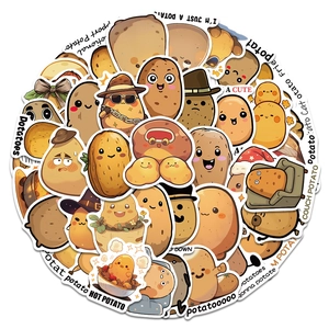 Detailed view of waterproof cartoon potato stickers with funny quotes for luggage decoration