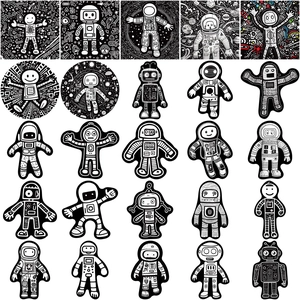 Set of 50 monochrome astronaut and robot stickers in black and white graffiti art style