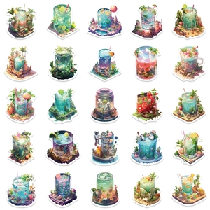 Set of 50 creative cartoon stickers featuring miniature drink worlds for DIY decor