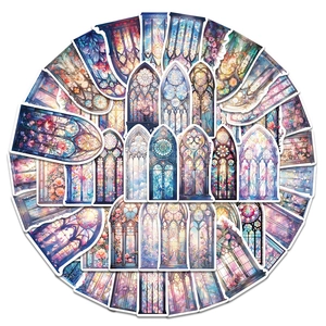 Detailed radial layout of colorful gothic stained glass stickers with floral and star motifs