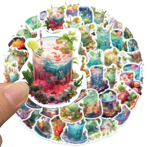Detail showing various tropical summer cocktail stickers and creative drink decals