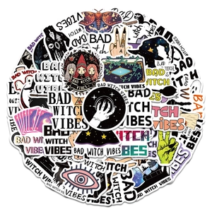 Detail view showing variety of Bad Witch Vibes stickers with moth and tarot card designs