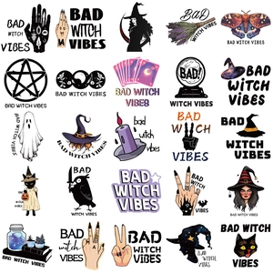 50pcs Bad Witch Vibes stickers with black cat, ghost, crystal ball, and tarot designs