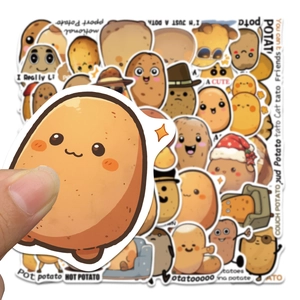 Macro view of assorted cartoon potato stickers with funny expressions and waterproof finish