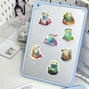 Detailed stickers showing summer drink micro-world illustrations on a blue tablet cover