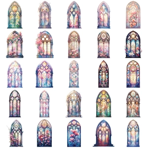 Pack of colorful Gothic stained glass church window stickers for scrapbooking and decoration