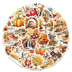 Detail of autumn watercolor stickers featuring pumpkins, hedgehogs, and maple leaves