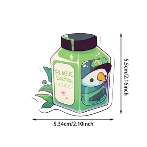 Detail showing dimensions of a cute green Plague Doctor juice bottle waterproof sticker