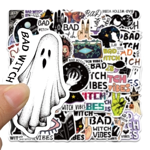 50pcs Bad Witch Vibes stickers set featuring ghosts and black cats for suitcase decor