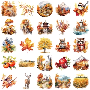 50pcs Autumn harvest stickers with realistic watercolor maple leaves and forest animals