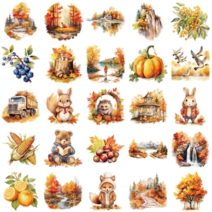 50 pieces of realistic autumn harvest stickers featuring cute forest animals and maple leaves