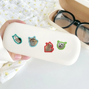 Close-up of funny cat meme stickers applied on a glasses case with floral background