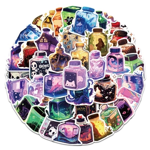 Macro shot of waterproof cartoon magic bottle stickers with creative artistic patterns
