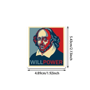 Detailed dimension view of Shakespeare pop art sticker showing size 5.43cm x 4.89cm