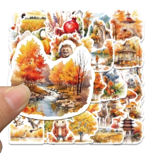 Detail of waterproof autumn harvest stickers with forest animals and warm foliage scenes