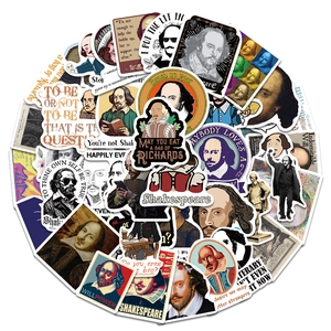 Close-up of waterproof Shakespeare stickers with colorful art styles and famous quotes