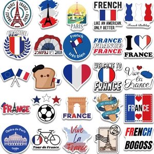 Close-up of waterproof French themed stickers with Eiffel Tower and Paris designs