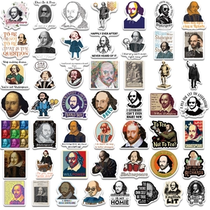 Detailed view of 50 waterproof William Shakespeare stickers with various artistic portraits