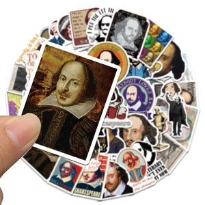 Detailed view of waterproof Shakespeare stickers with literary portraits and quotes