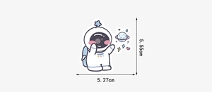 Detailed size specification for cartoon astronaut sticker, height 5.55cm and width 5.27cm