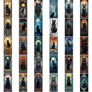 Lot de 60 autocollants de chat noir imperméables avec designs de tarot pour déco DIY