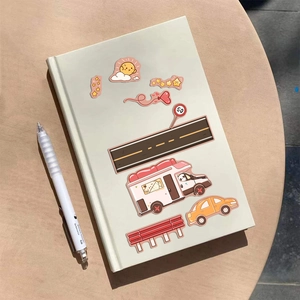 Cartoon animal travel theme sticker set on notebook with aesthetic pastel tones