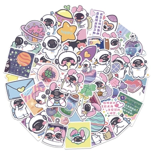 Detail shot of 50pcs waterproof astronaut stickers with cute cartoon rabbits and stars
